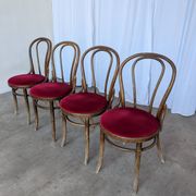 Set of 4 Vintage Bentwood Bistro Chairs, Red Upholstery