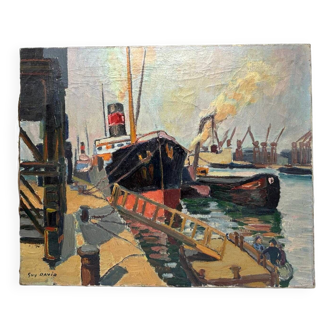 Guy David - Bateaux amarrés dans le port de Rouen