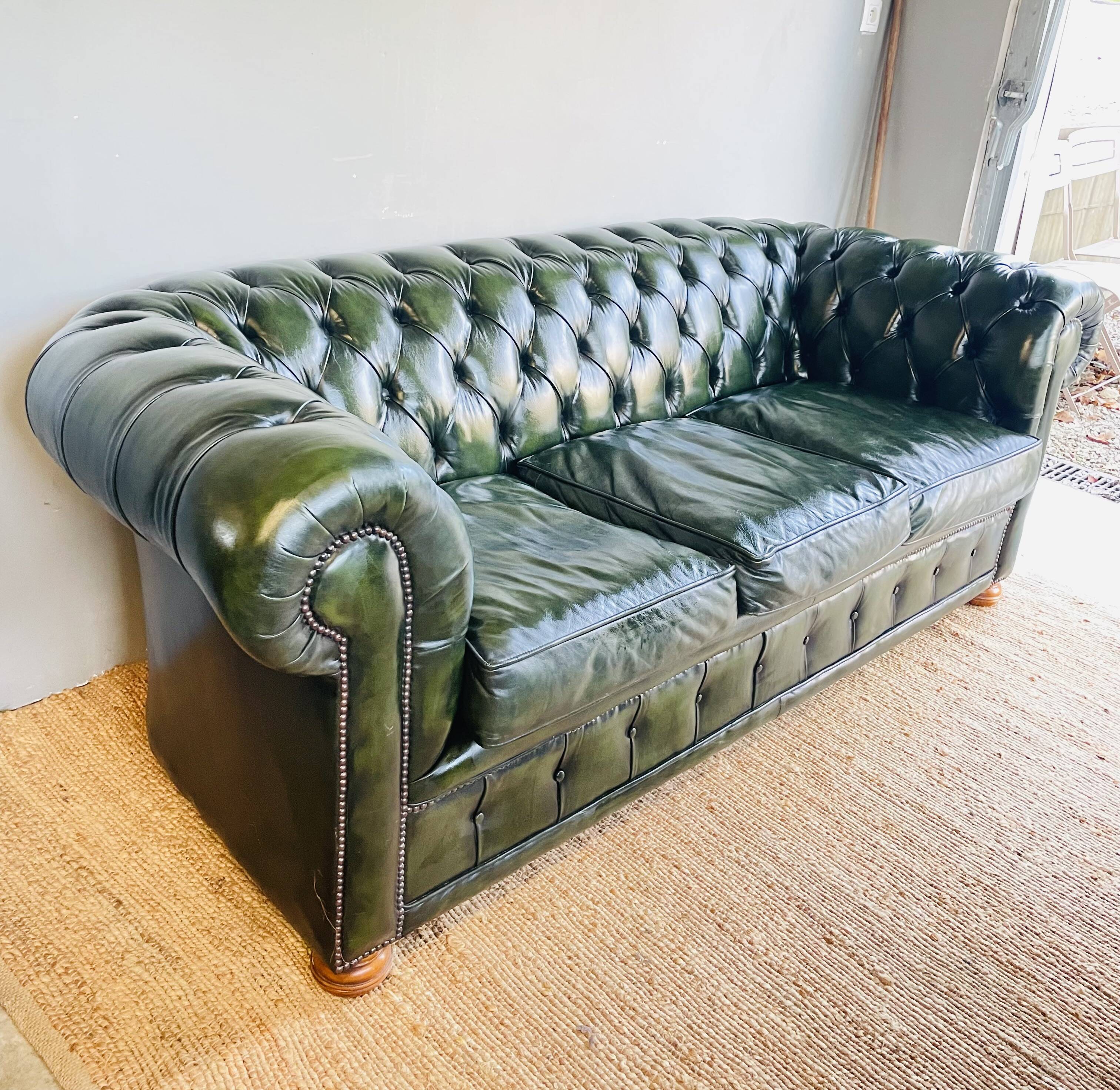 Chesterfield 3 seater sofa in English green leather