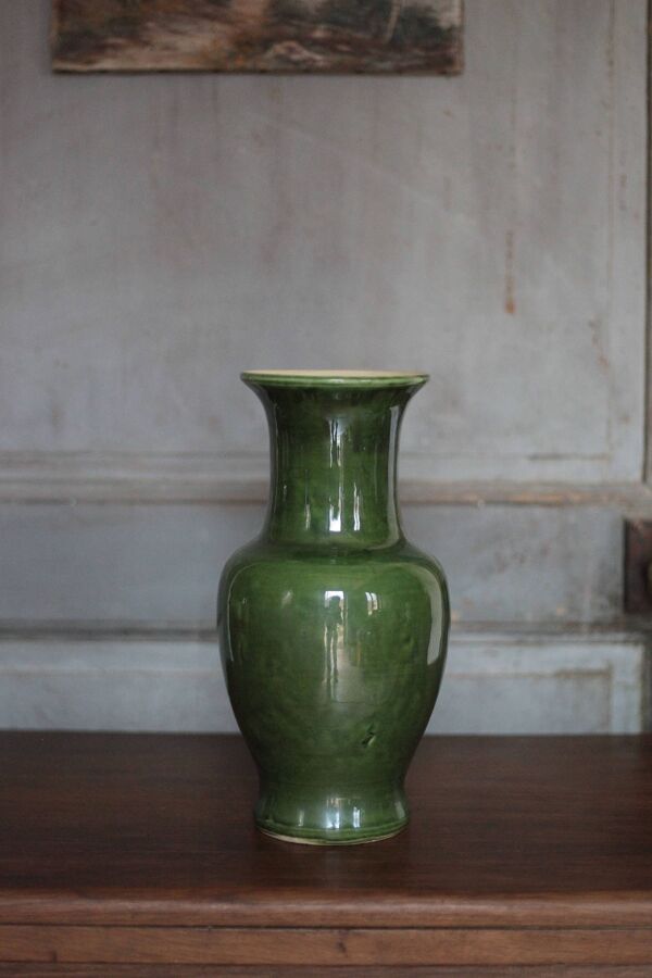 Vase céramique vernissé vert , vase balustre vintage, pot à fleurs