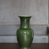 Green glazed ceramic vase, vintage baluster vase, flower pot