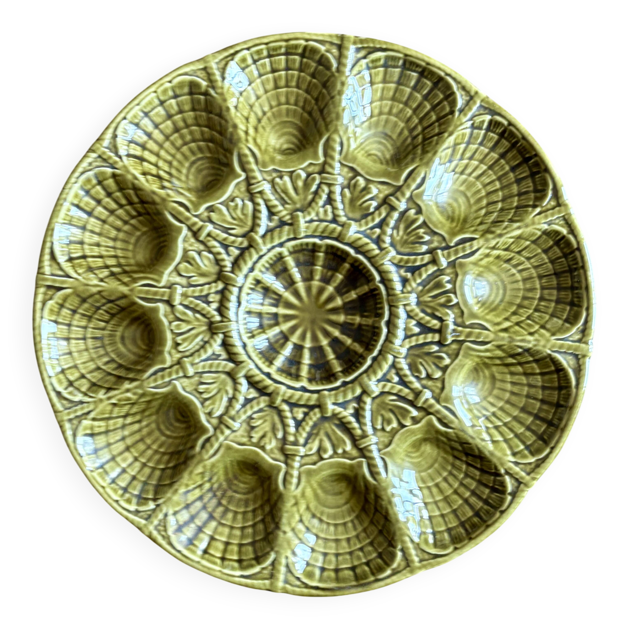 Vintage green ceramic oyster dish - Sarreguemines