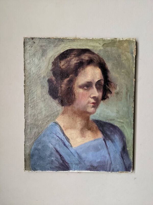 Huile sur toile portrait ancien décoration campagne bohème