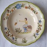 Soup plates with Moustiers de Longchamp decor, AL. Mark signature, 80s