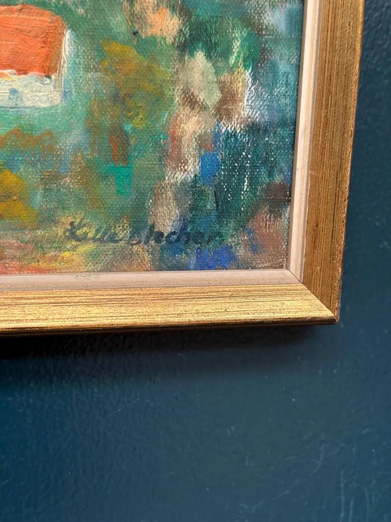 Original Swedish Oil on Canvas – “Hilly Landscape with Houses” by Lalla Blecher – Signed – Vintage & Framed
