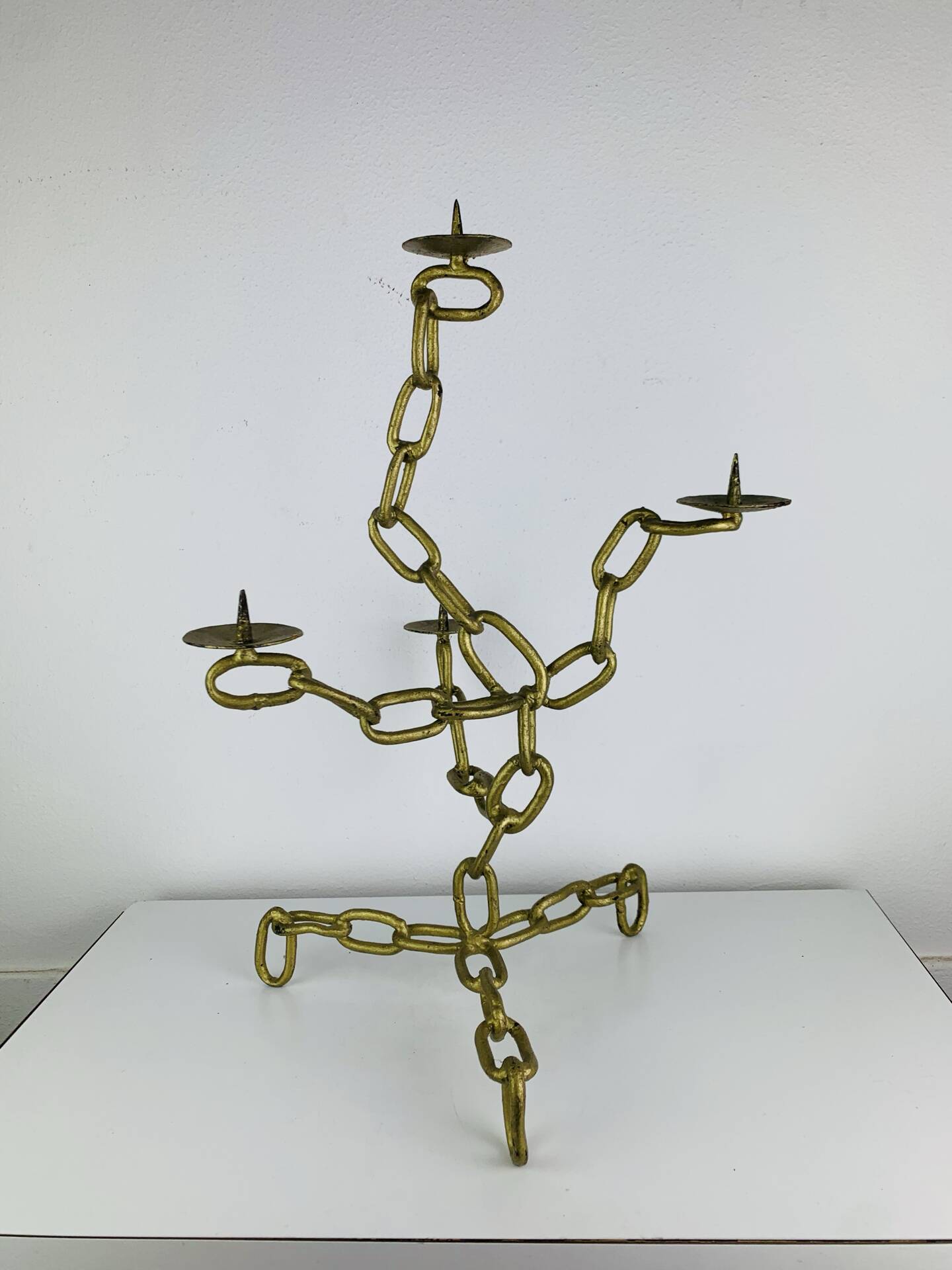 Brutalist candle holder, wrought iron, chain links, gold patina.