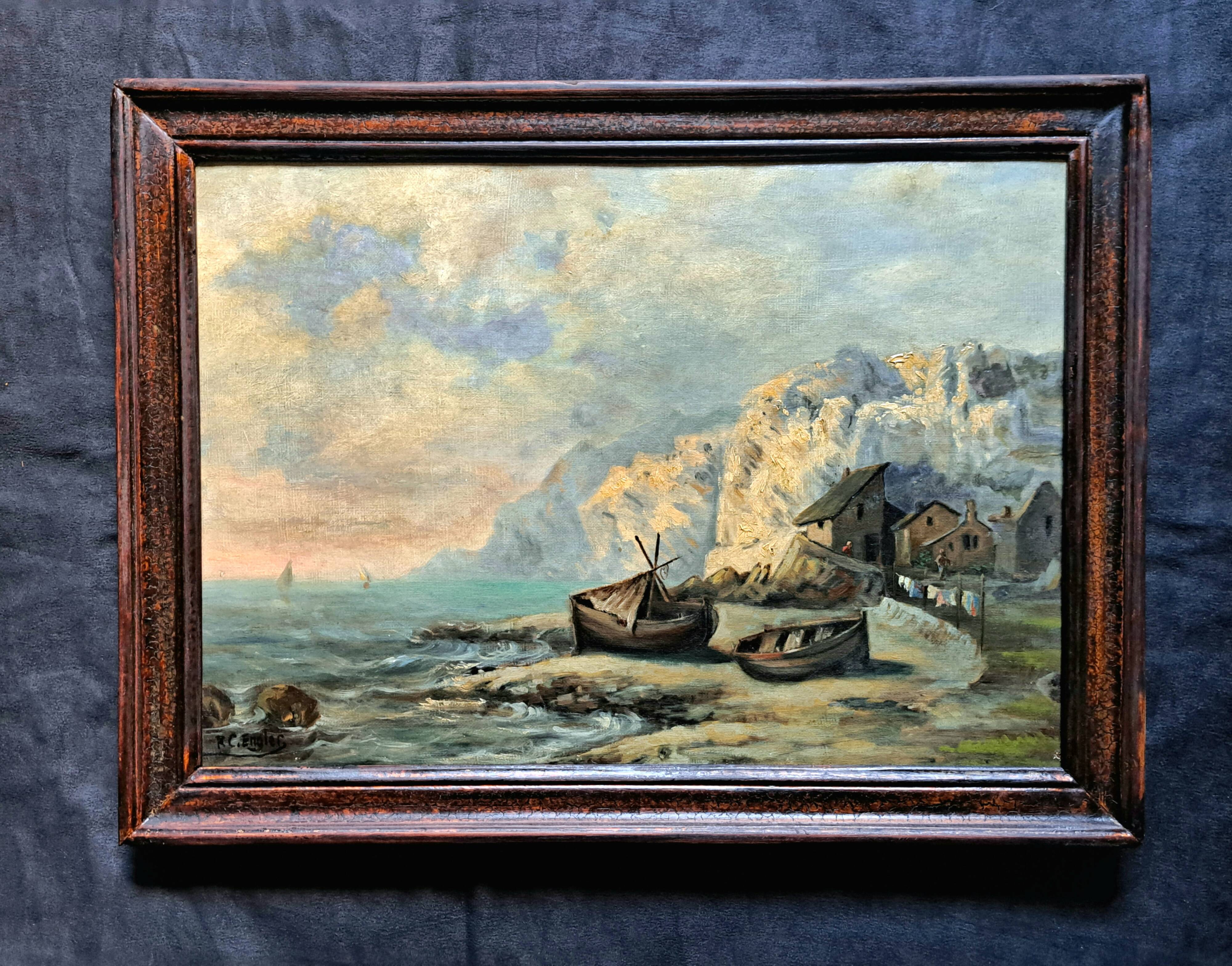 Impressionist painting attributed to F-G Engler, oil on canvas, romantic seascape.