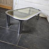 Designer coffee table in chromed metal with smoked glass top