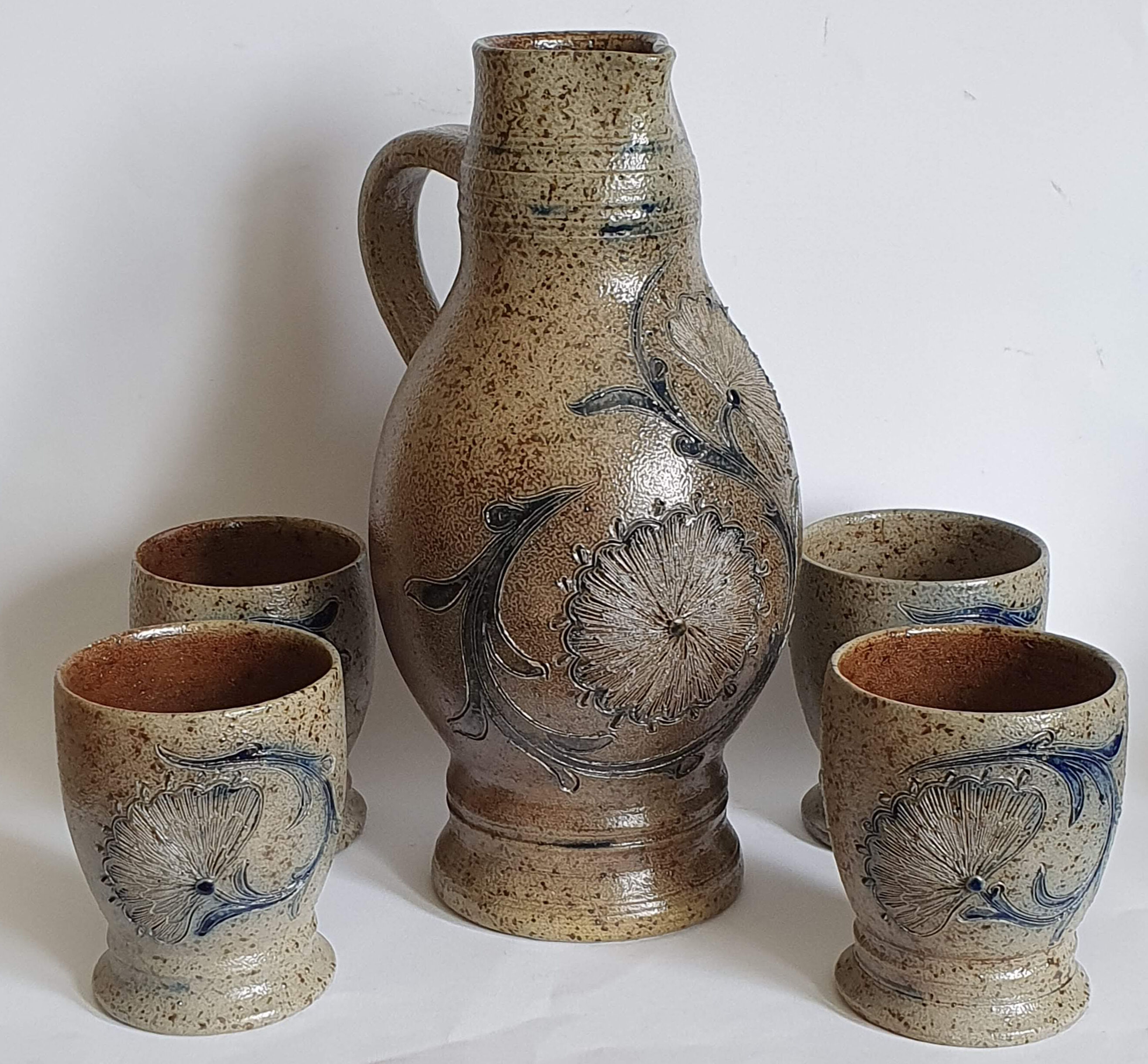 Sandstone pitcher and four cups by Loys Ruhlmann Betschdorf