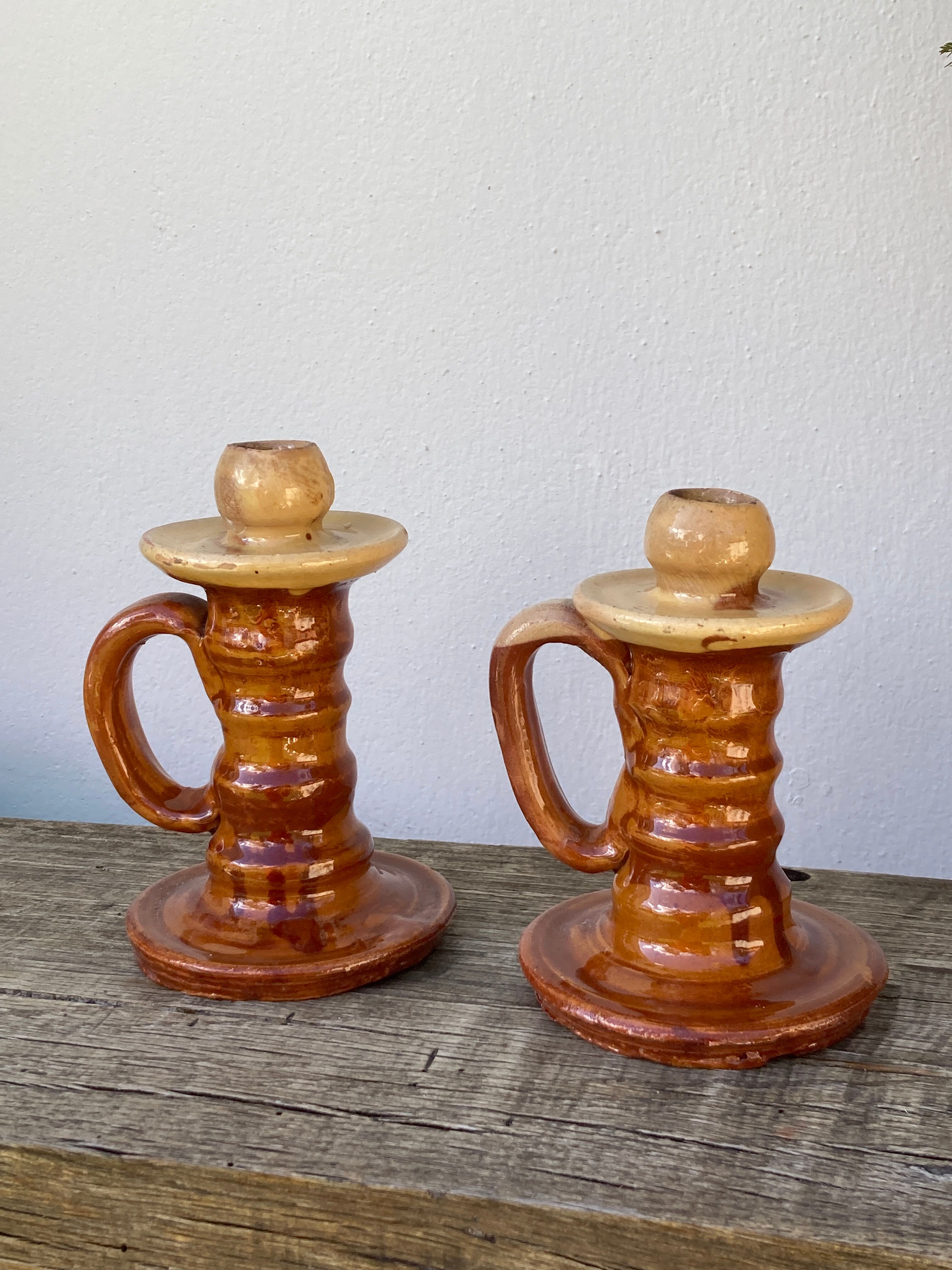 Pair of candle holder Tamegroute old terracotta enamelled brown and beige Moroccan berber