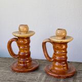 Pair of candle holder Tamegroute old terracotta enamelled brown and beige Moroccan berber