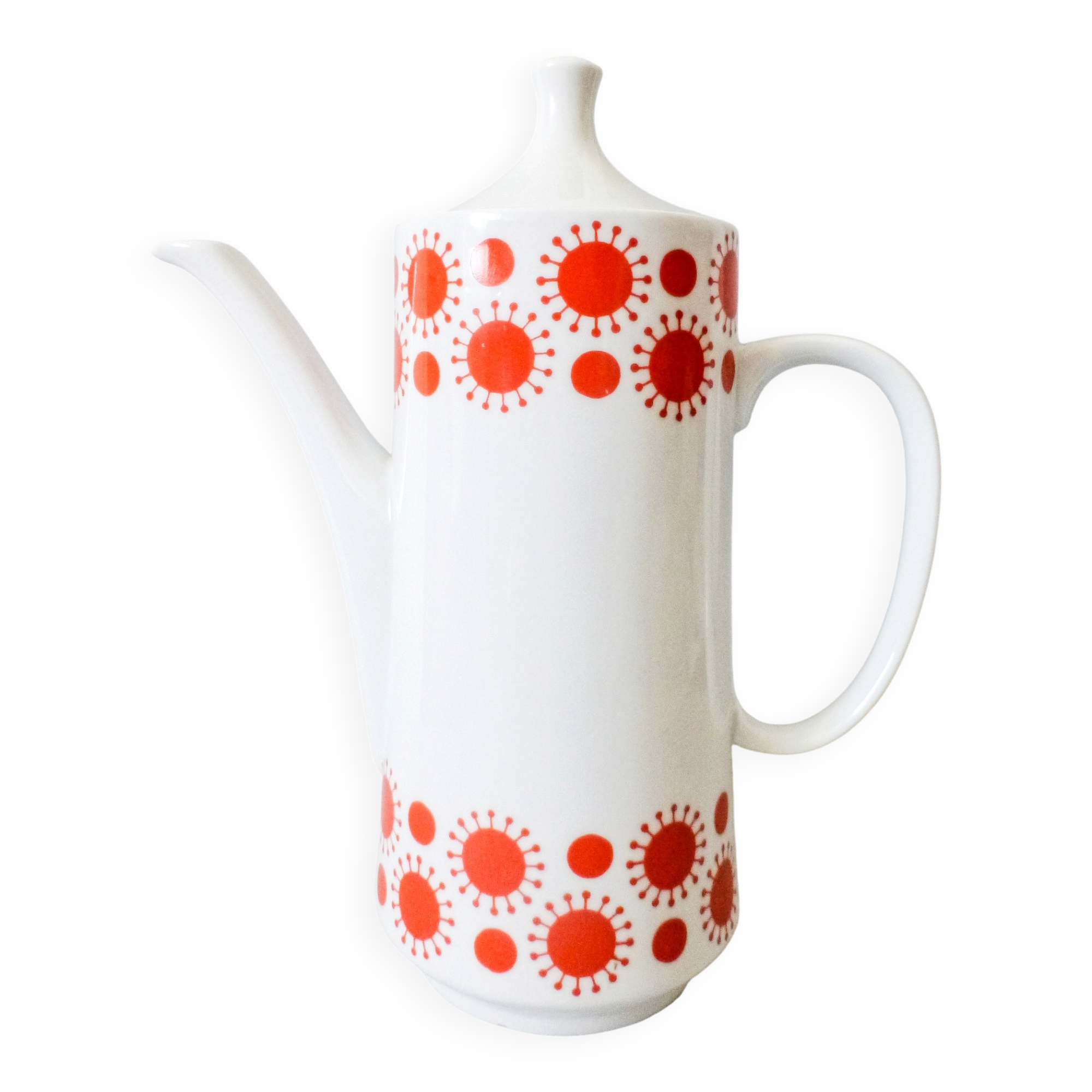 Vintage  Porcelain Coffee Pot: 1970s Red Sunny Pattern