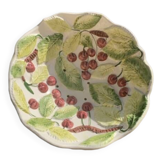 Magnificent salad bowl, drainer in enameled ceramic slip, cherry and foliage pattern