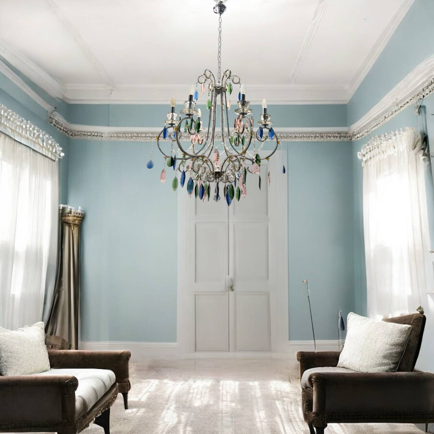 Multicolored Crystal Chandelier 1960’s 6 lights