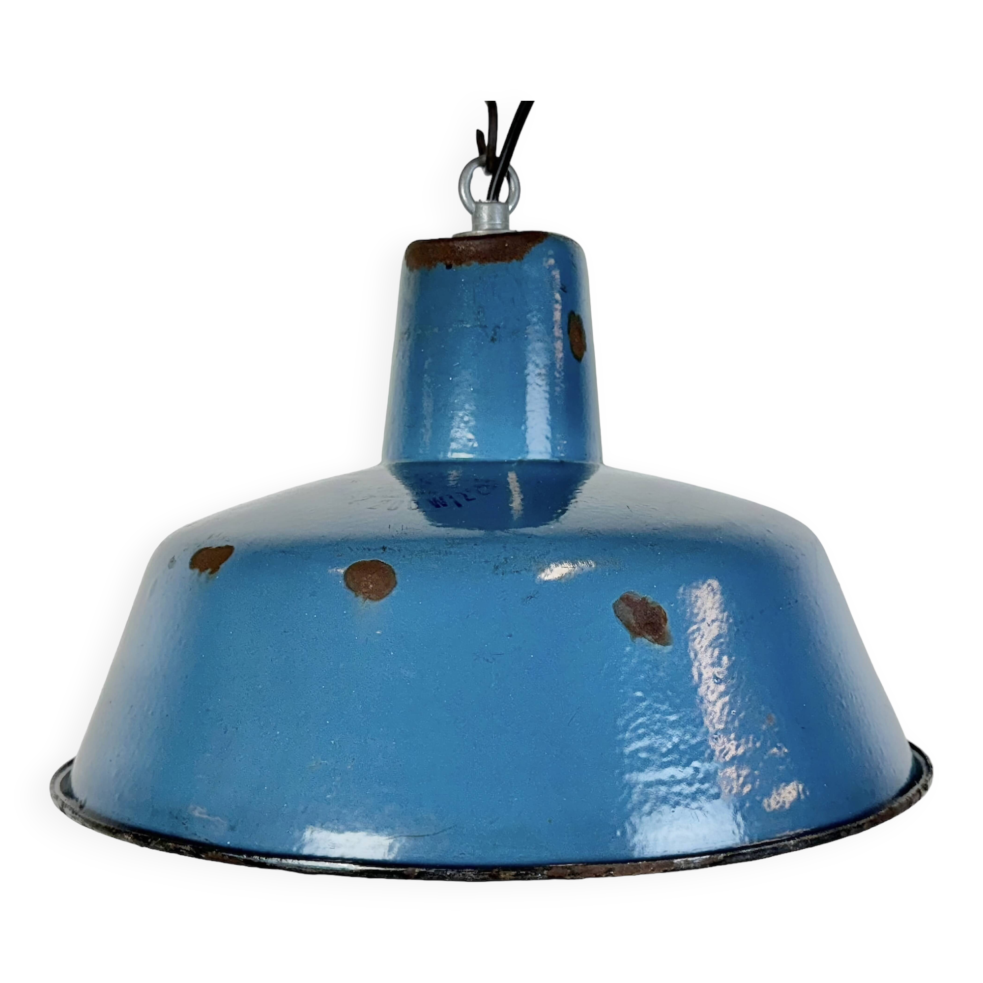 Lampe à suspension industrielle en émail bleu, années 1960