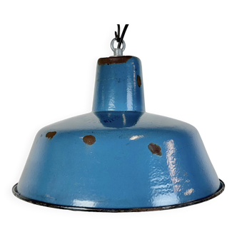 Lampe à suspension industrielle en émail bleu, années 1960
