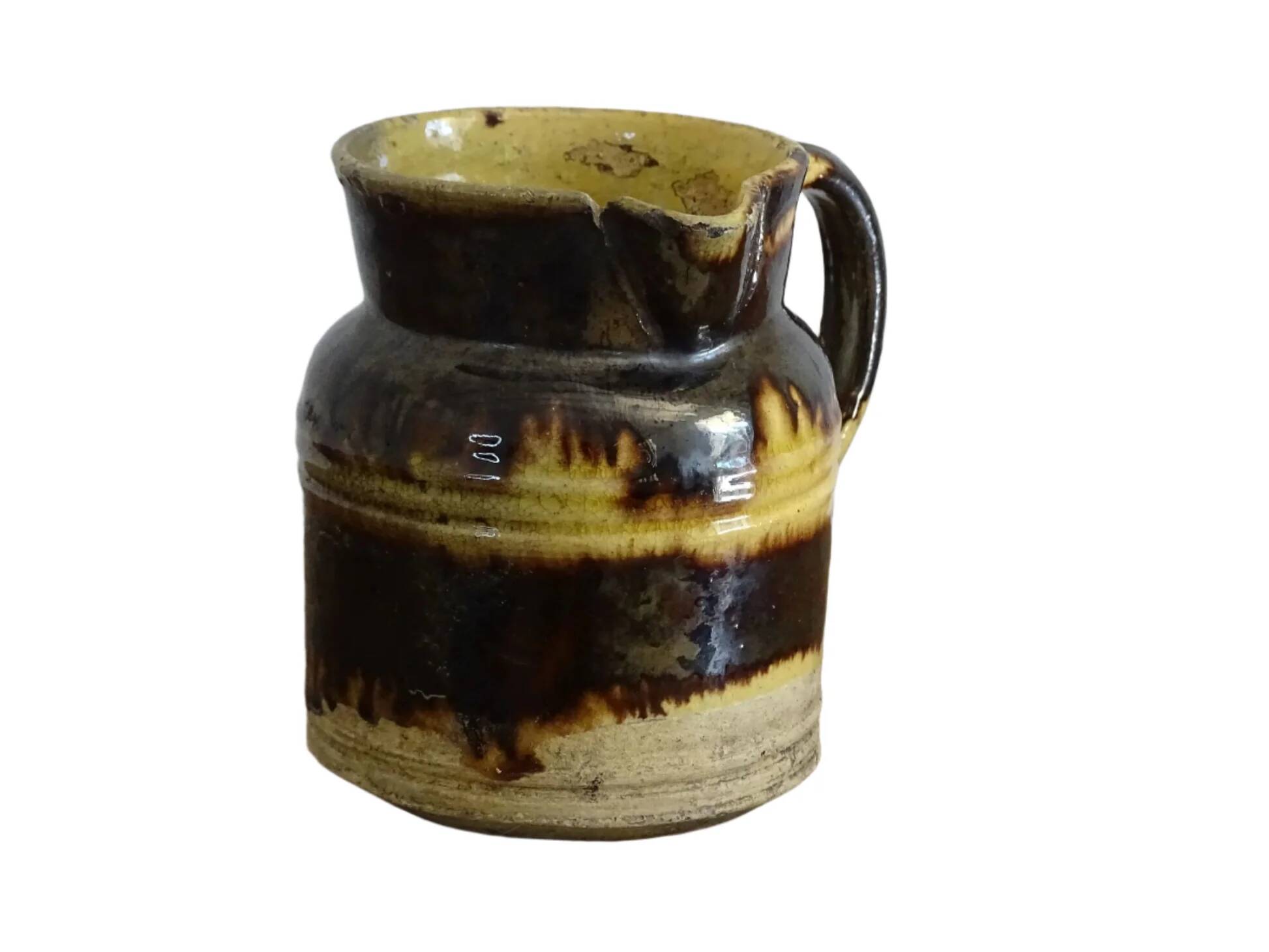 Cruche ancienne en céramique française de Dieulefit, à glace brune