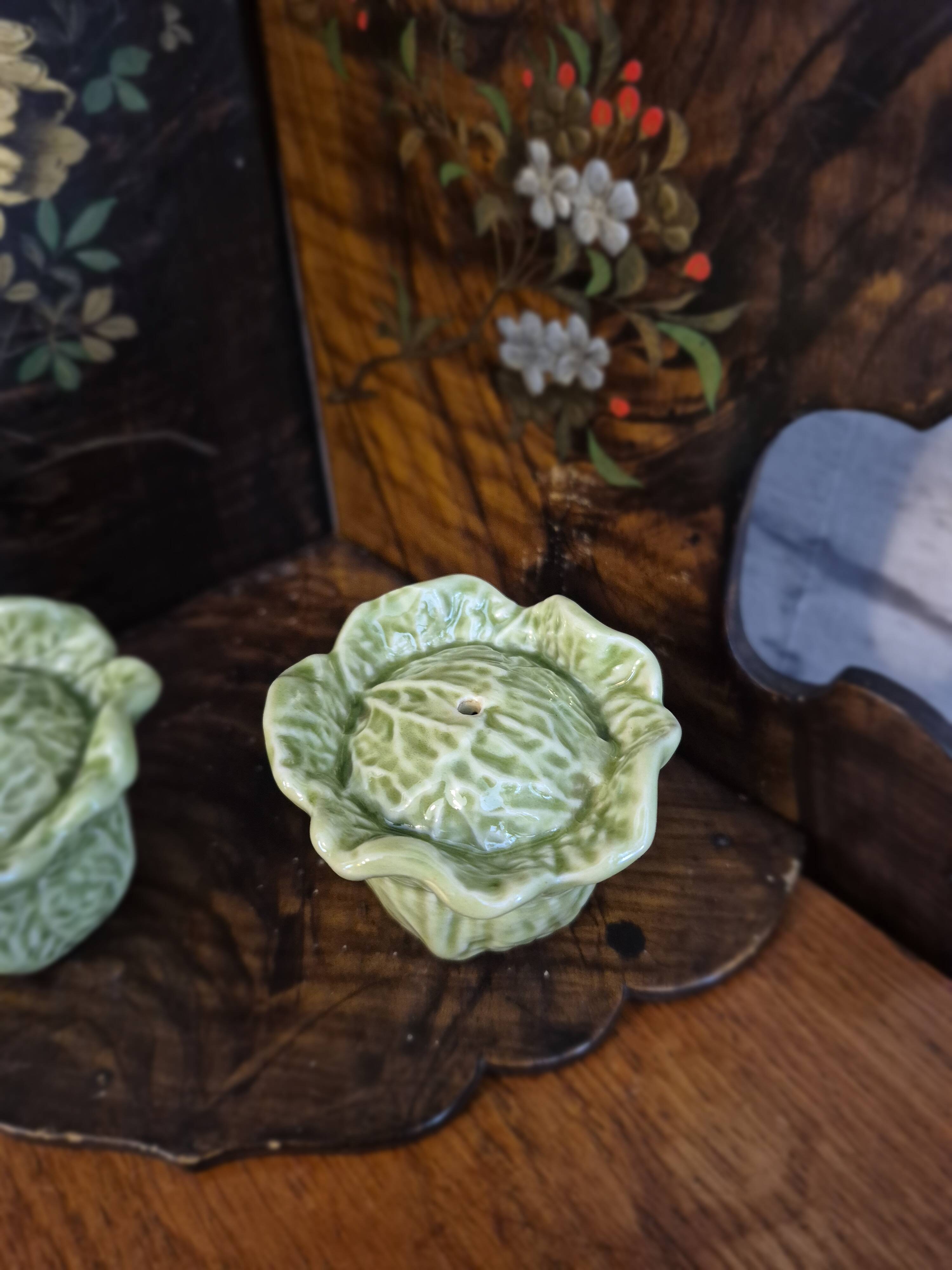 Vintage cabbage barbotine salt and pepper shaker duo