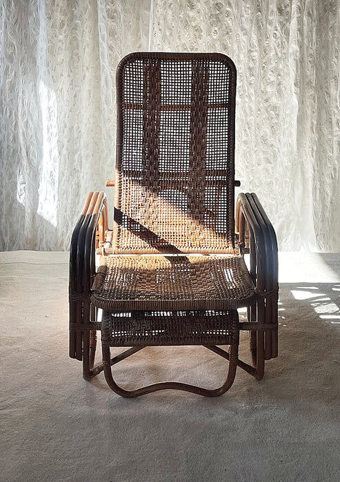 Mid-century adjustable rattan lounge chair with retractable footrest, Japan
