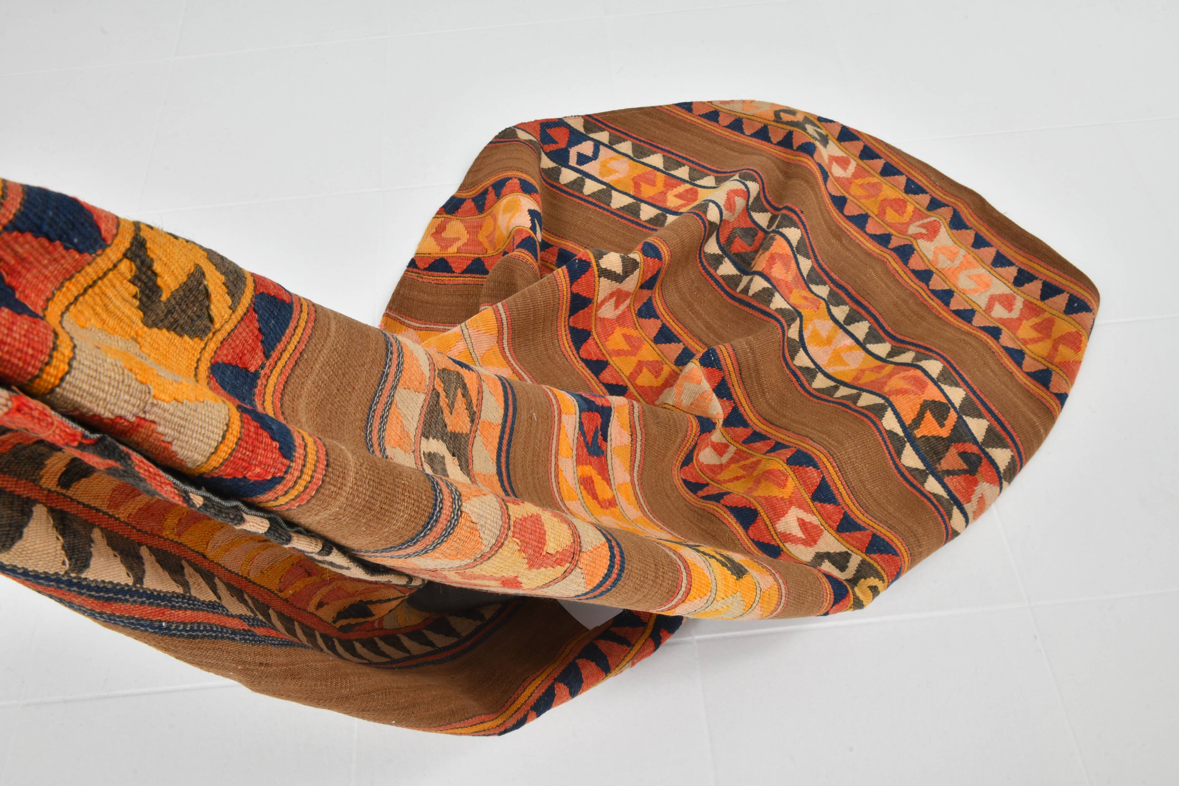 6x6 Orange & Brown Circle Striped Pattern Kilim Area Rug, 183x183Cm