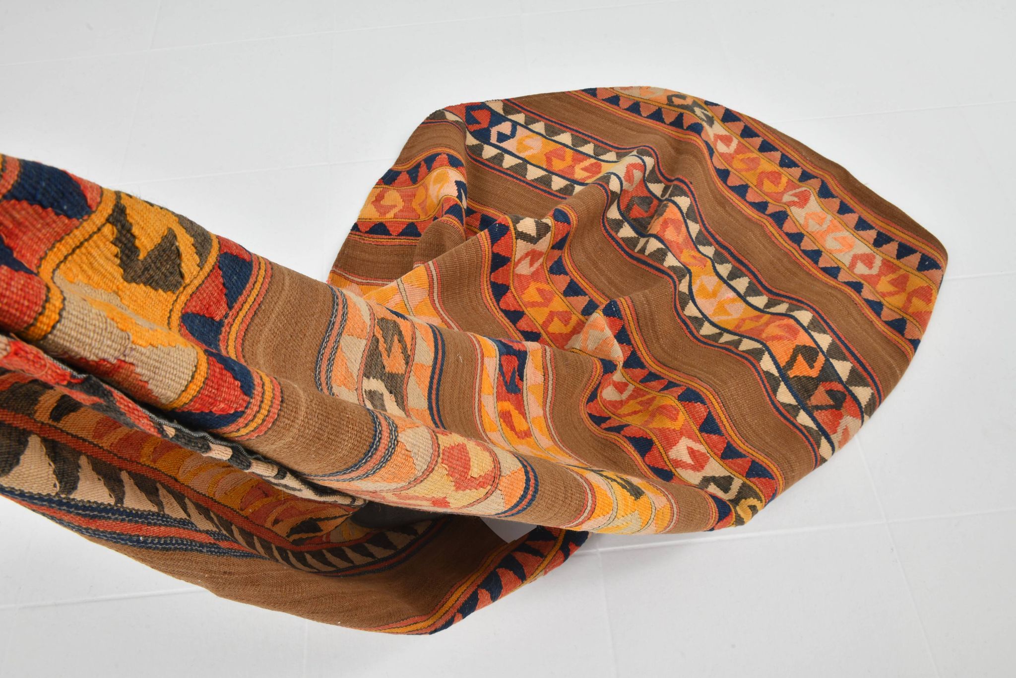 6x6 Orange & Brown Circle Striped Pattern Kilim Area Rug, 183x183Cm