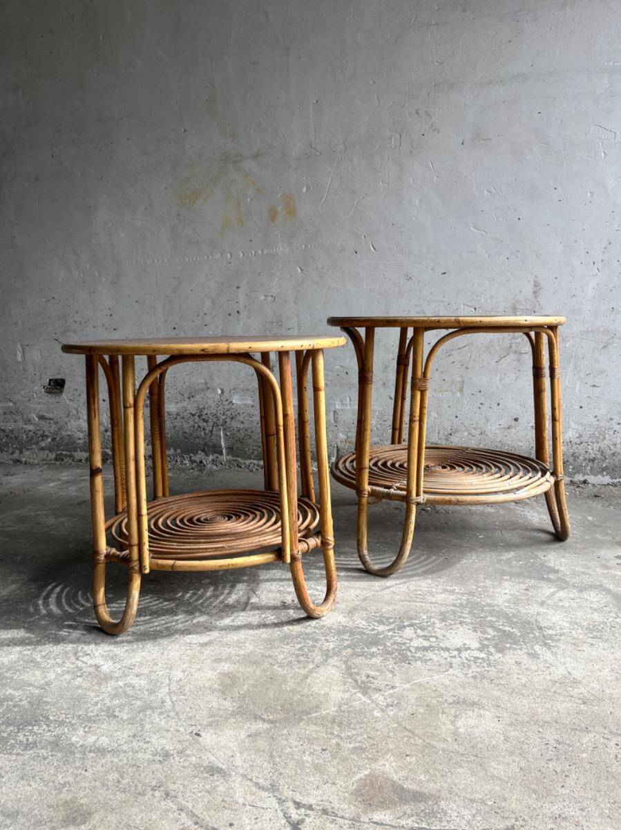 Set of 2 Natural Rattan and Glass Side Tables, 1960s Rohé Noordwolde Style