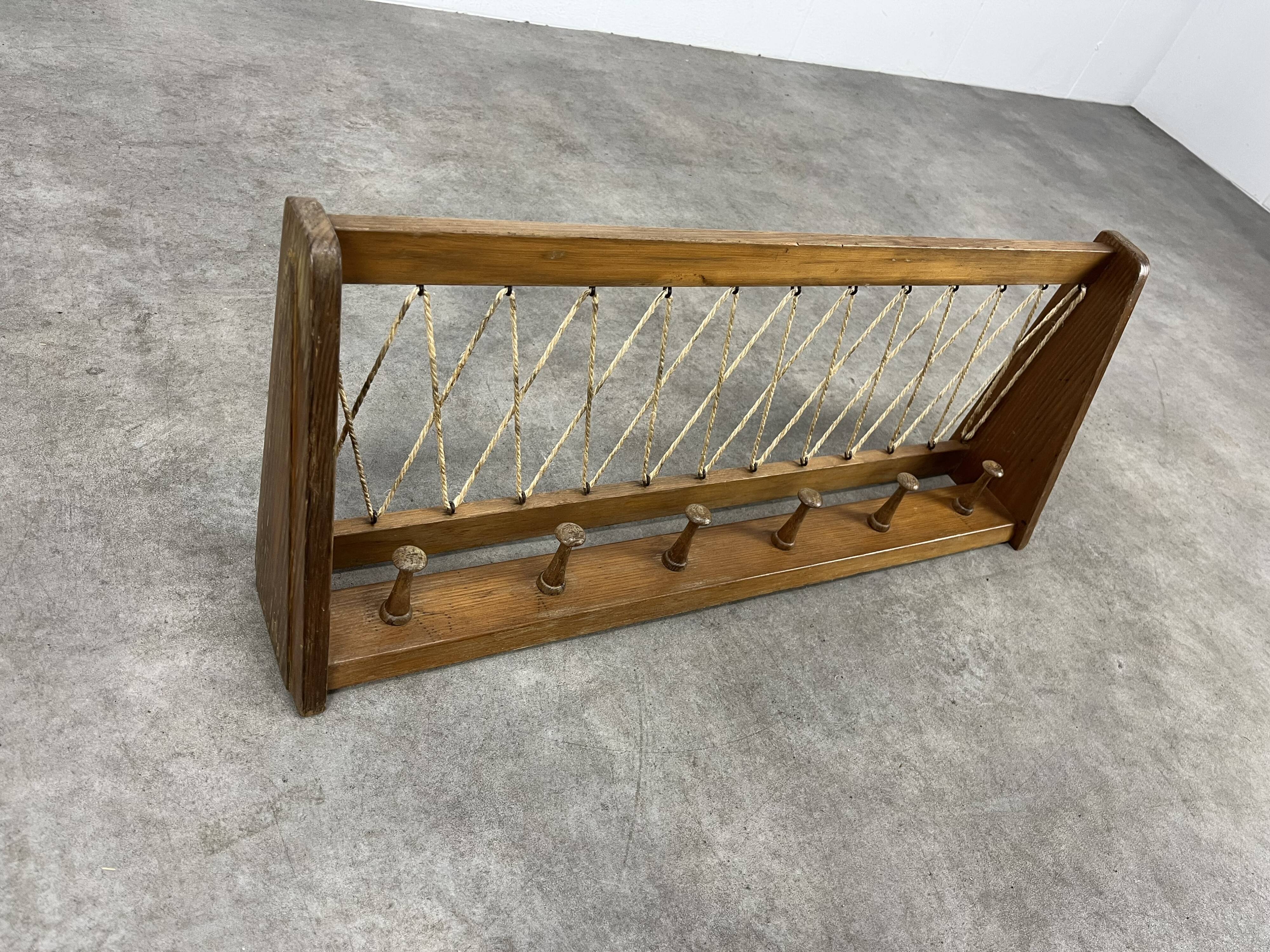 Vintage wooden wall coat rack with 6 chalet-style hooks