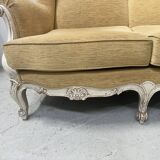 Louis XV style three-seater wingback sofa in patinated beech, 20th century