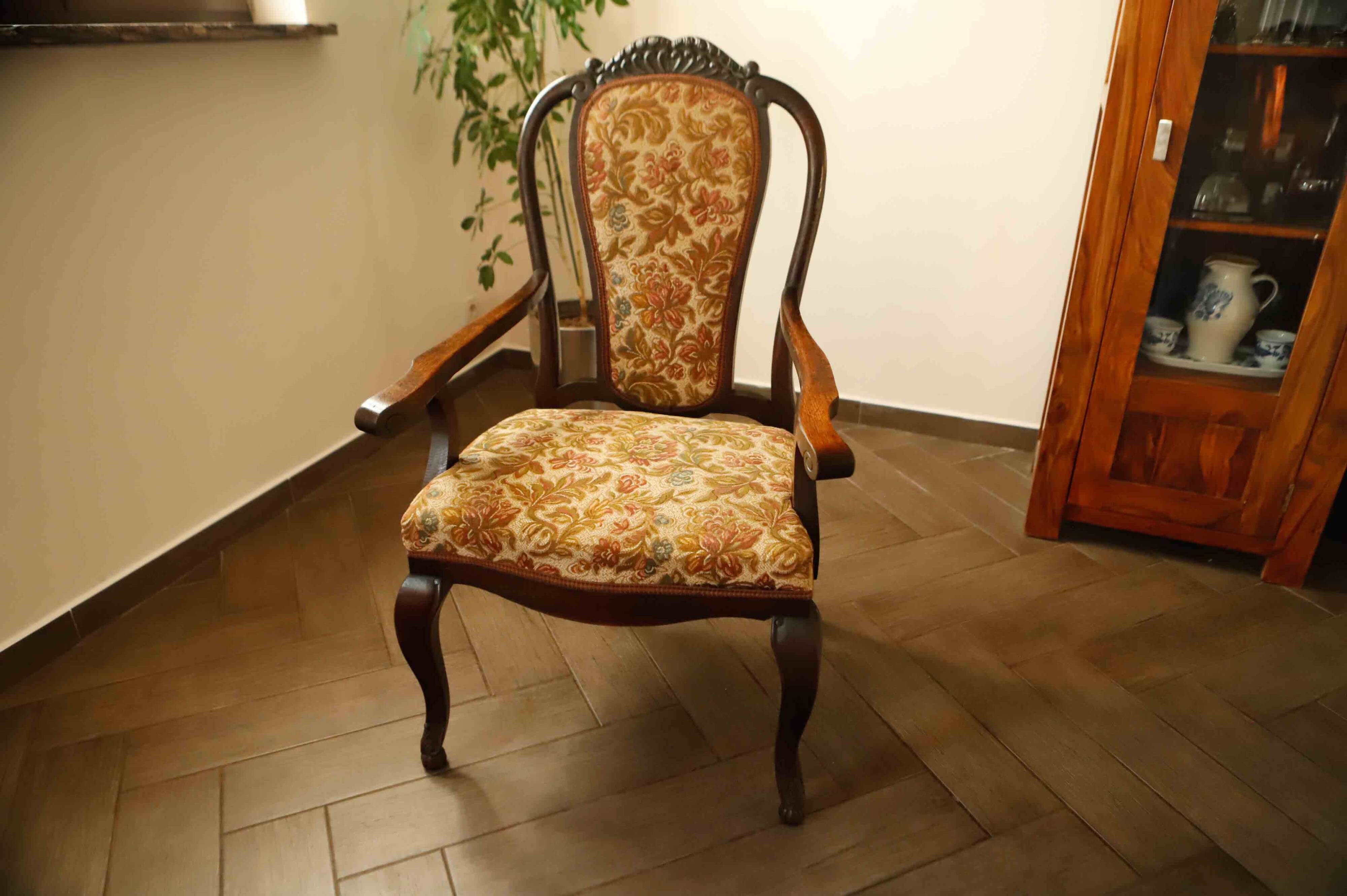 Antique Queen Anne Revival Carver Armchair with Floral Tapestry Upholstery