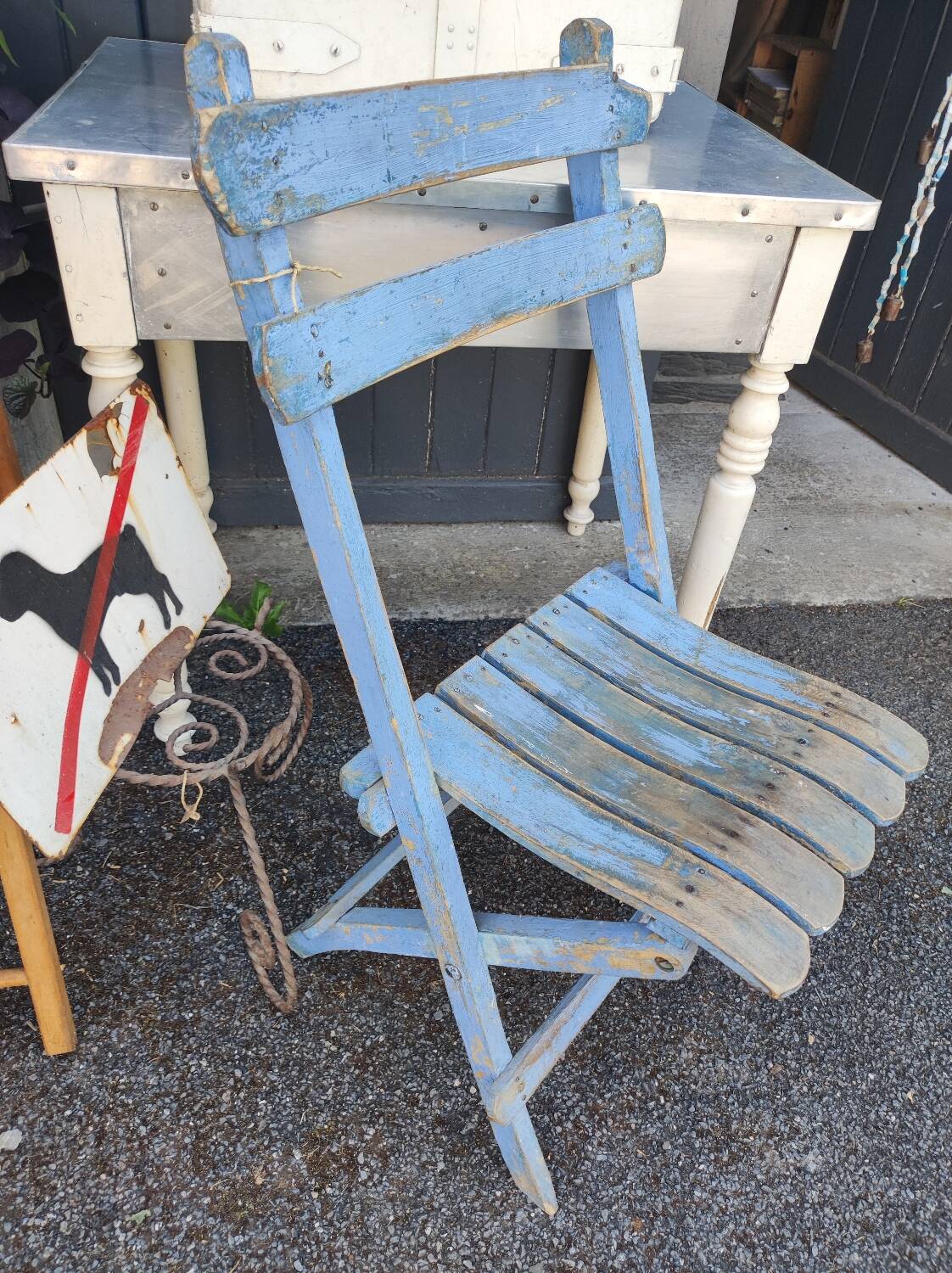 Vintage blue garden chair, wooden and folding