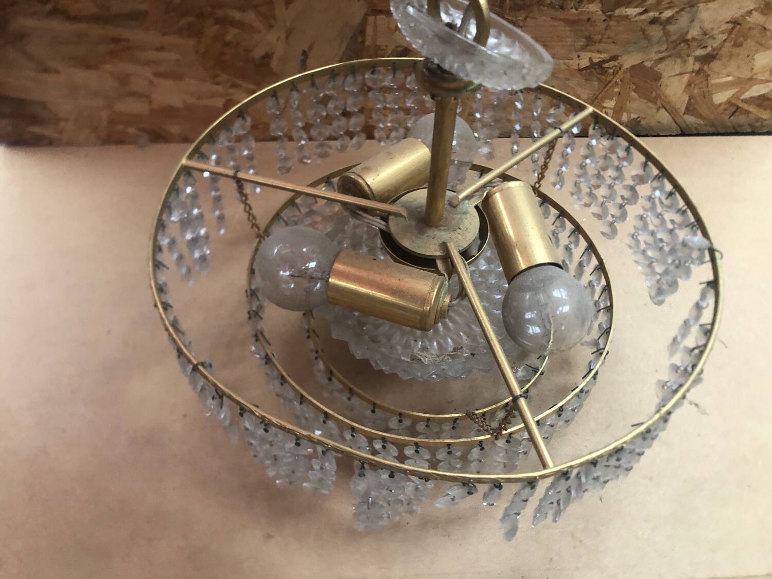 Ancien Lustre Laiton Cascade Pampilles Vintage