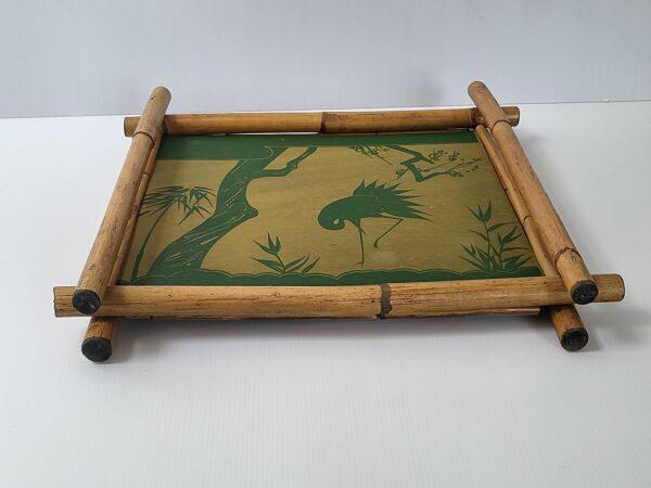 Plateau vintage au héron en bambou 1960