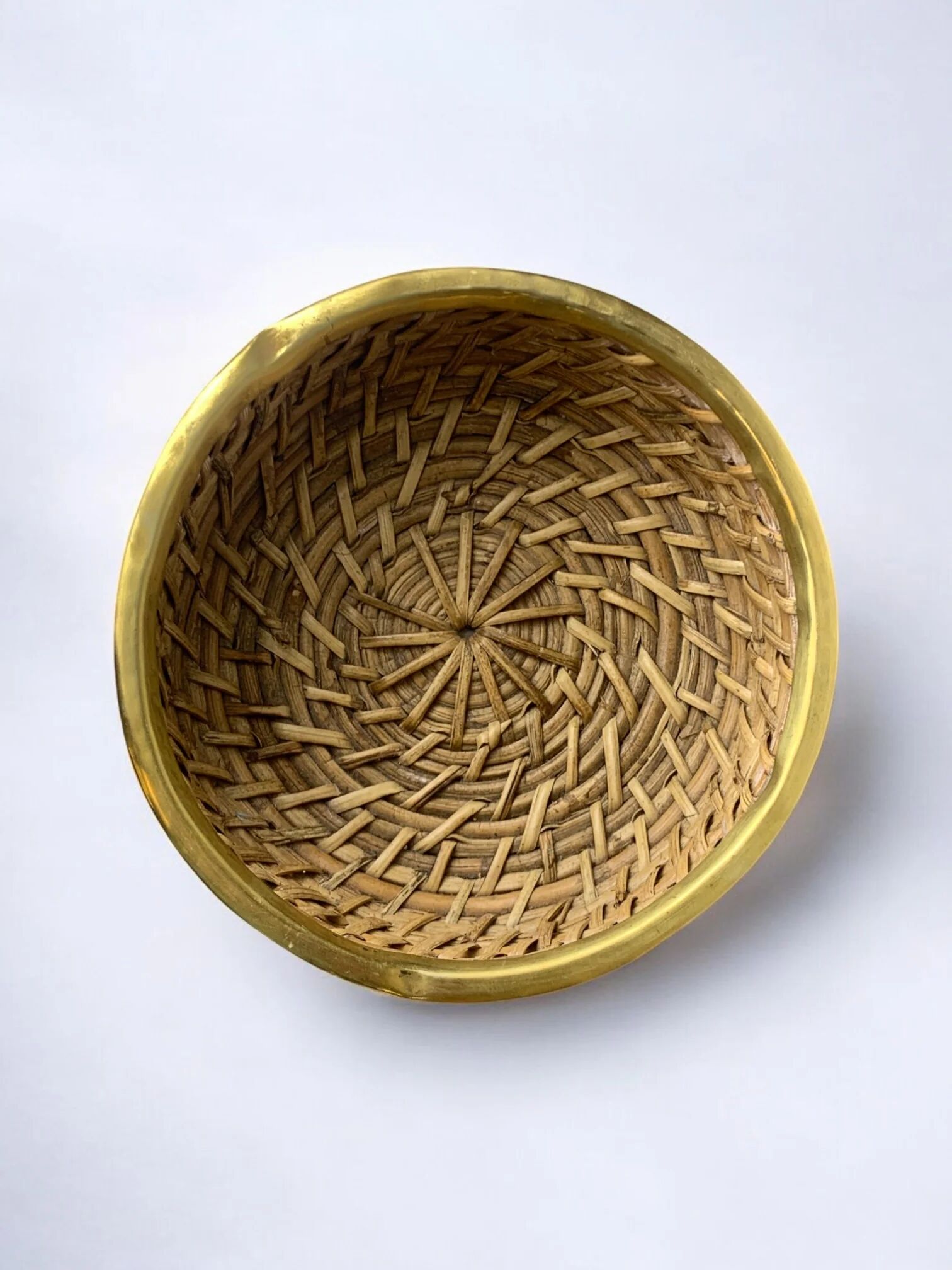 Circular rattan and brass basket, Italy, circa 1970