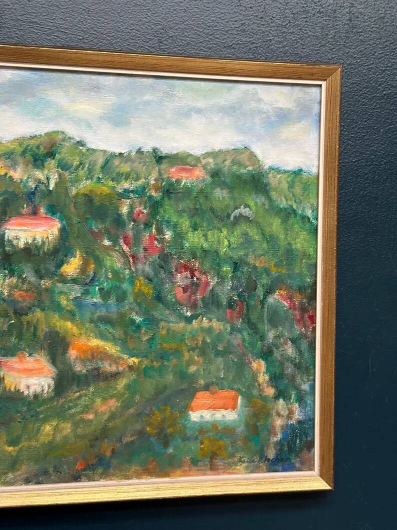 Original Swedish Oil on Canvas – “Hilly Landscape with Houses” by Lalla Blecher – Signed – Vintage & Framed