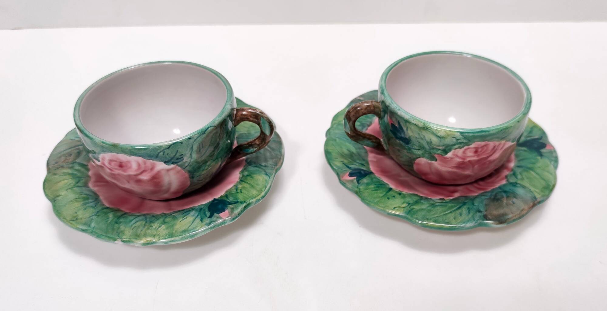 Pair of Green Earthenware Tea /Coffee Cups with Floral Motifs by Zaccagnini