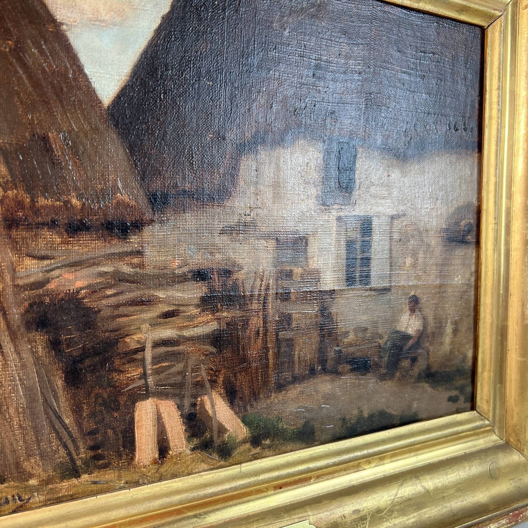 Oil painting on canvas by Adolphe Appian, farm courtyard, Lyon school, 19th century.