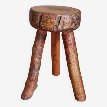 Tabouret d'appoint tripode bois massif Art-populaire vintage