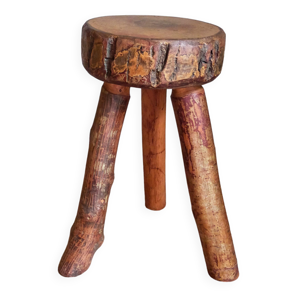 Tabouret d'appoint tripode bois massif Art-populaire vintage — Beyit