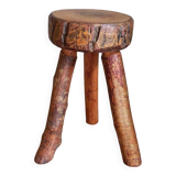 Tabouret d'appoint tripode bois massif Art-populaire vintage