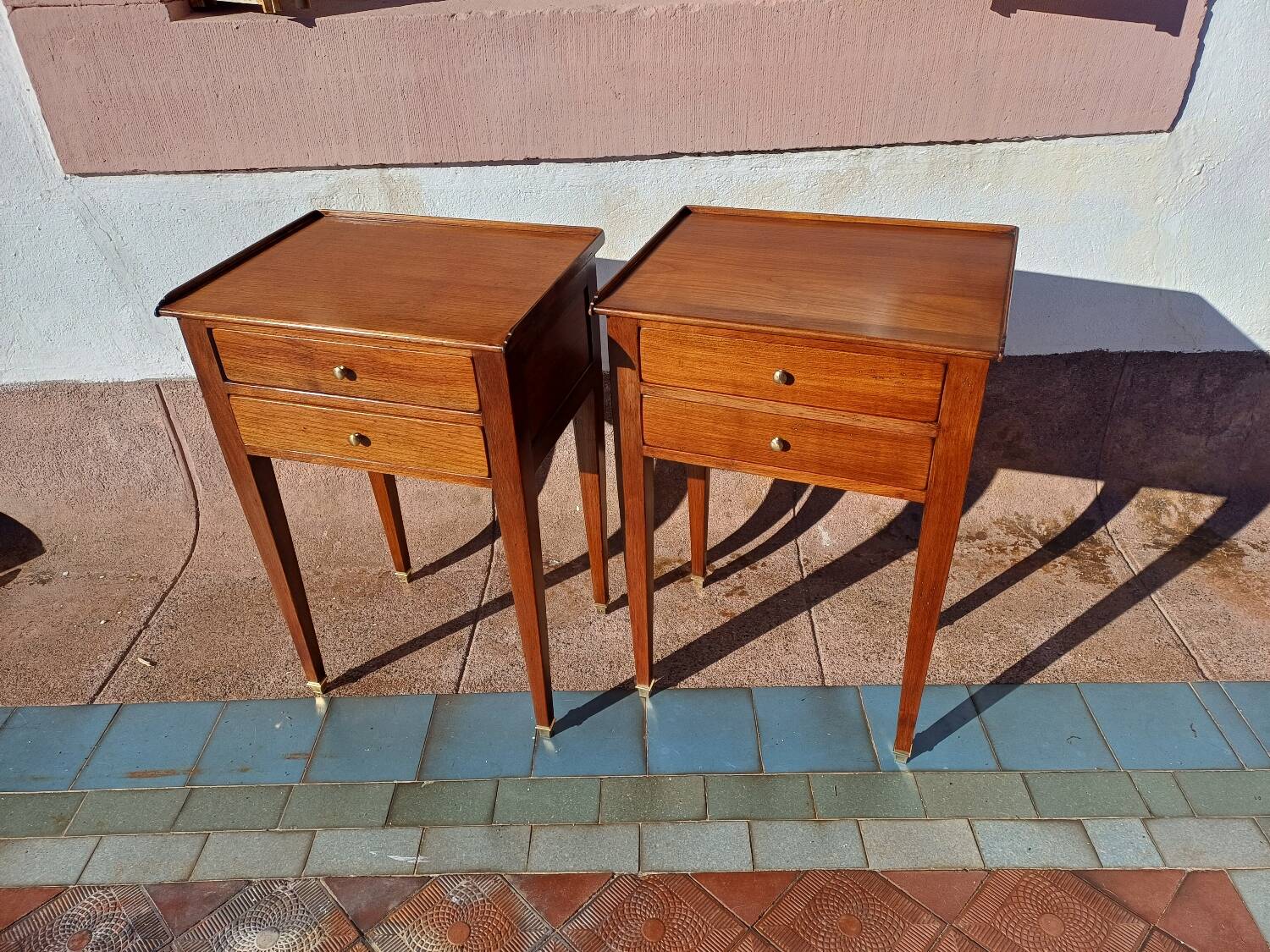 Pair of Louis XVI style oak bedside tables with 2 drawers and spindle legs