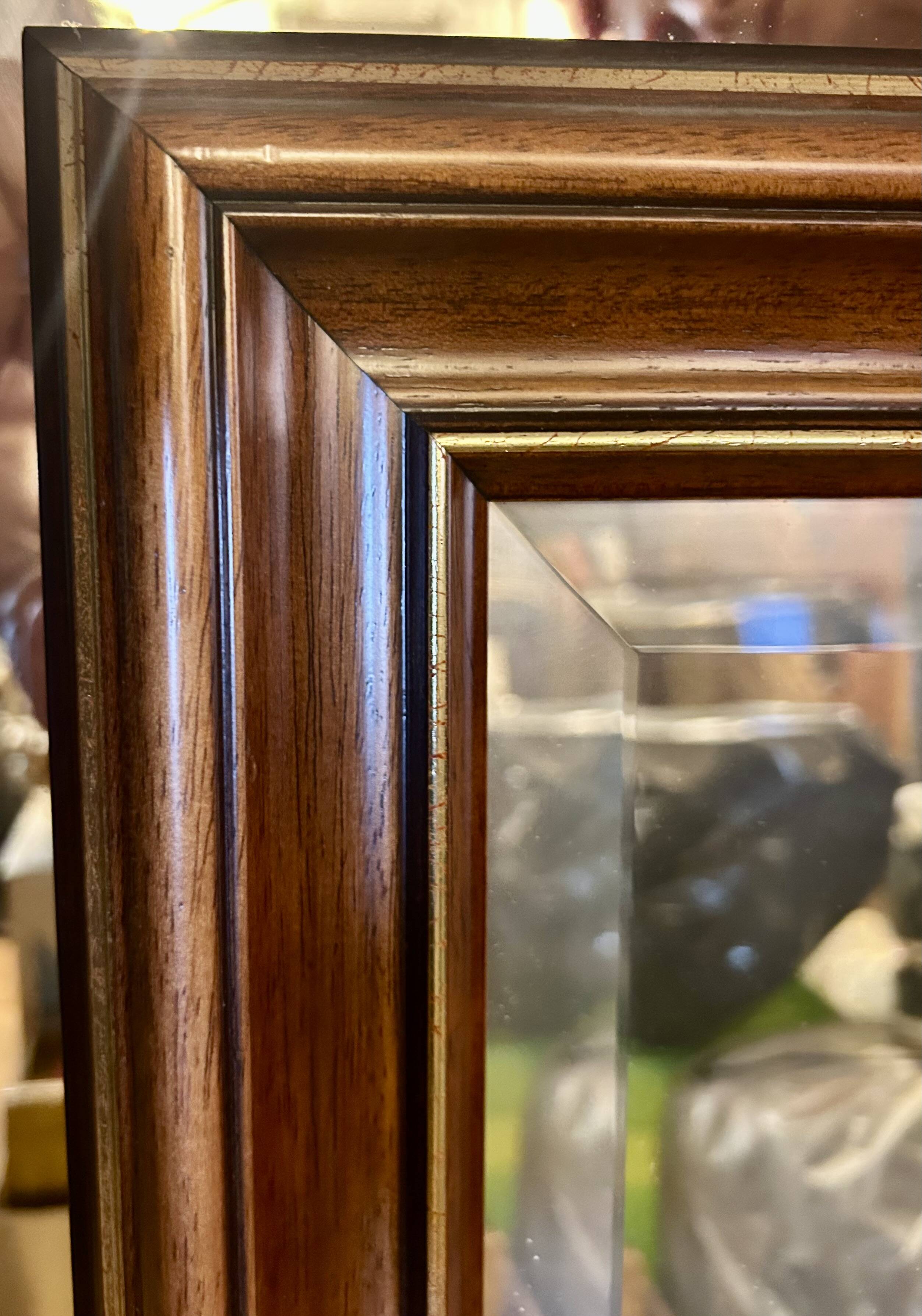 Large natural wood moulding mirror, gold fillet highlight, bevelled mirror, (La Gatvinière)