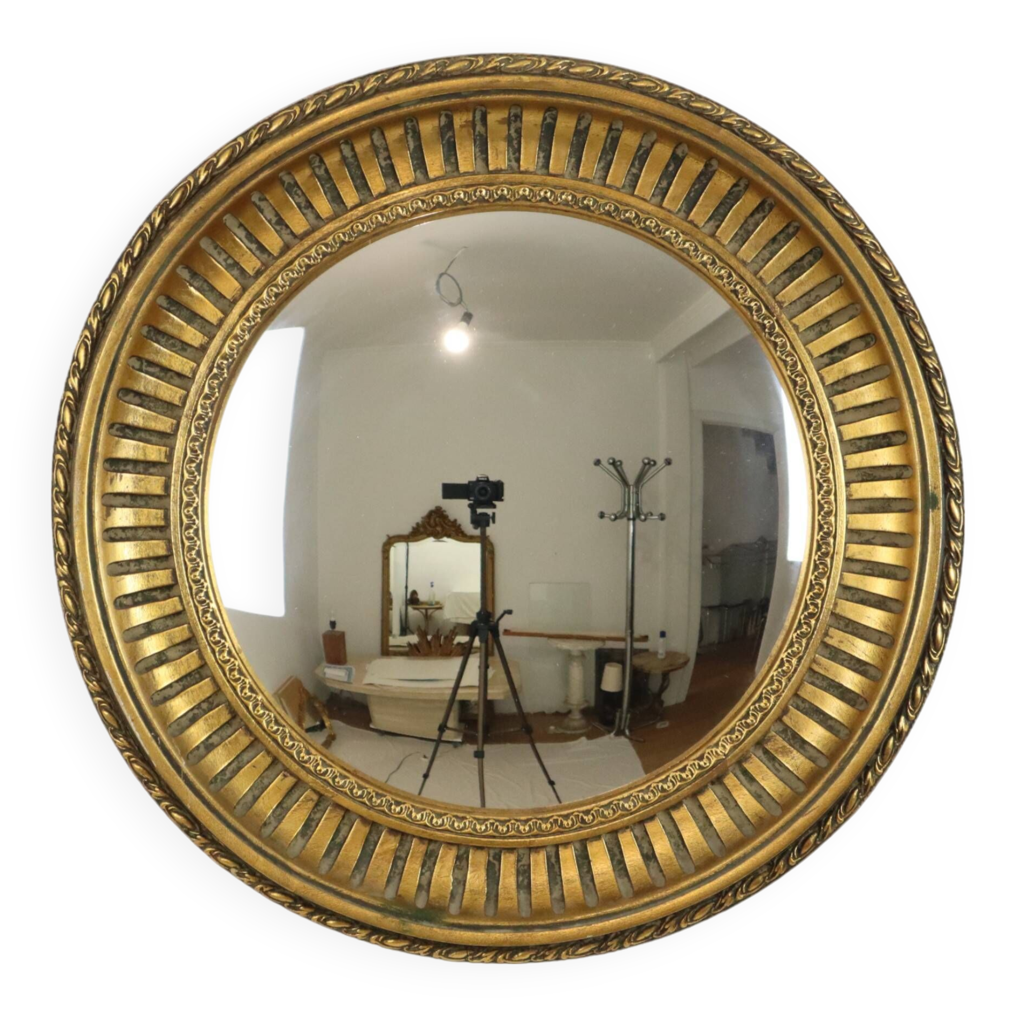 Large Round Wooden Butler Mirror Convex Mirror Witch's Eye Gold