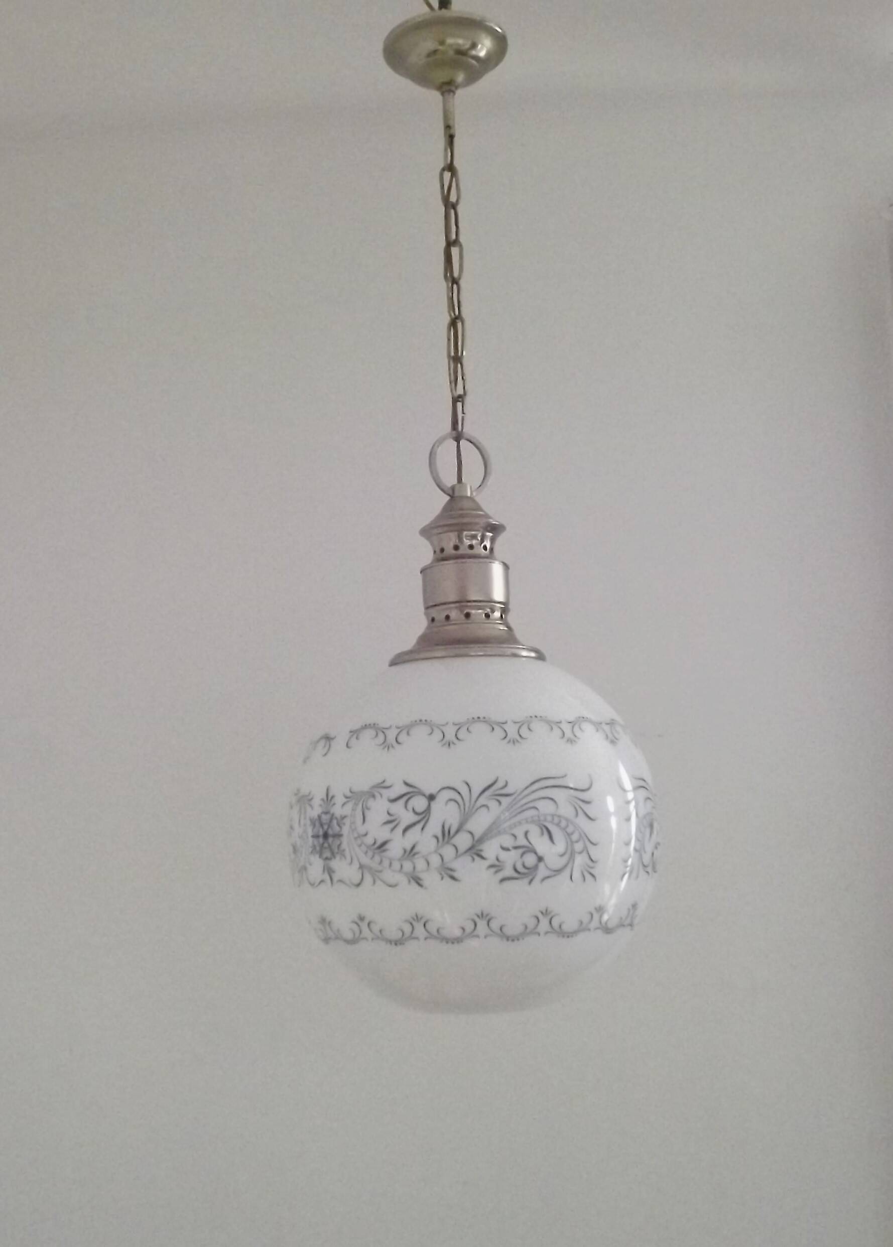 French Mid-Century Globe Pendant, Blue Pattern Shade, Vintage Hanging Light