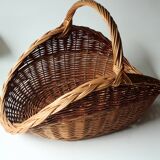 Large handmade solid wicker braided firewood basket, vintage from the 80s