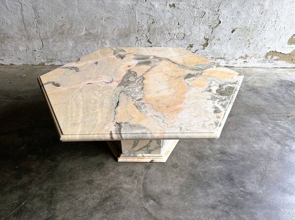 Table basse hexagonale vintage en marbre rose et gris, années 1980