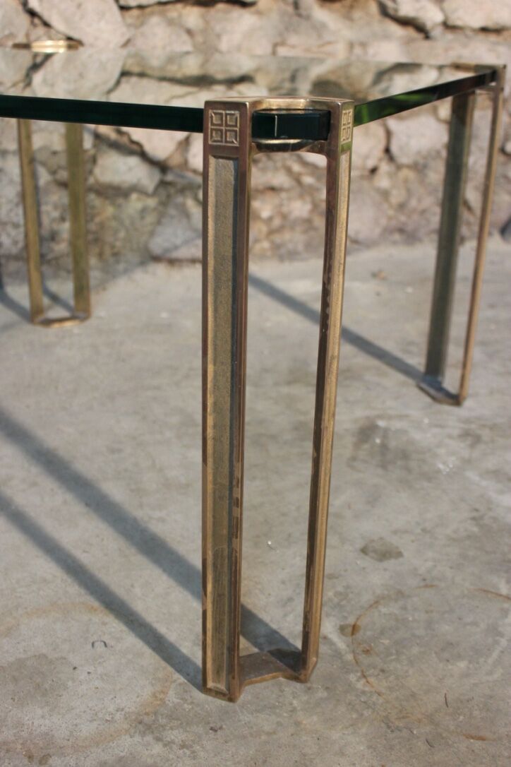 Vintage square coffee table in glass and brass by Peter Ghyzcy