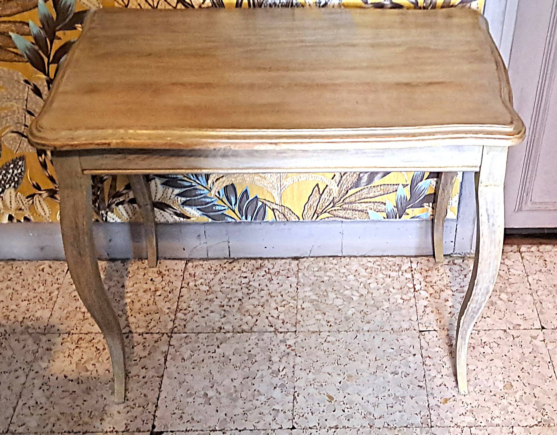 Rectangular coffee table in solid wood, painted and patinated with gold, 1950s