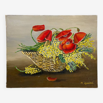 Huile sur toile bouquet de coquelicots dans un panier