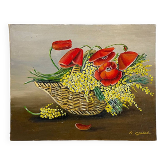 Huile sur toile bouquet de coquelicots dans un panier