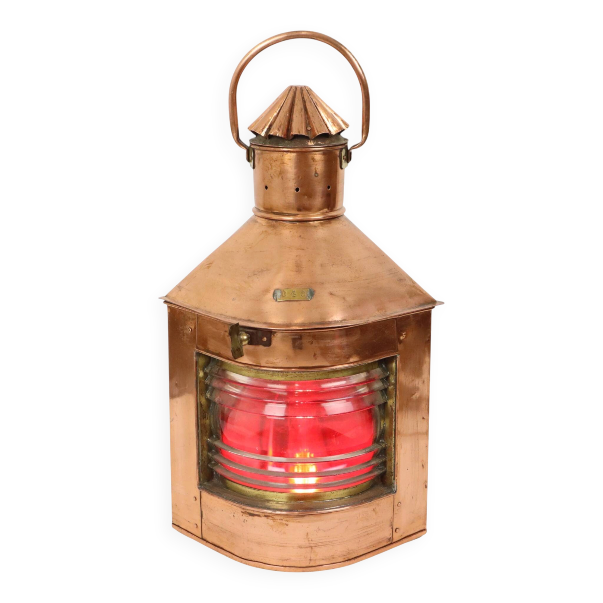 Large Vintage Ship's Lamp Red Copper Fresnel Lens 49cm